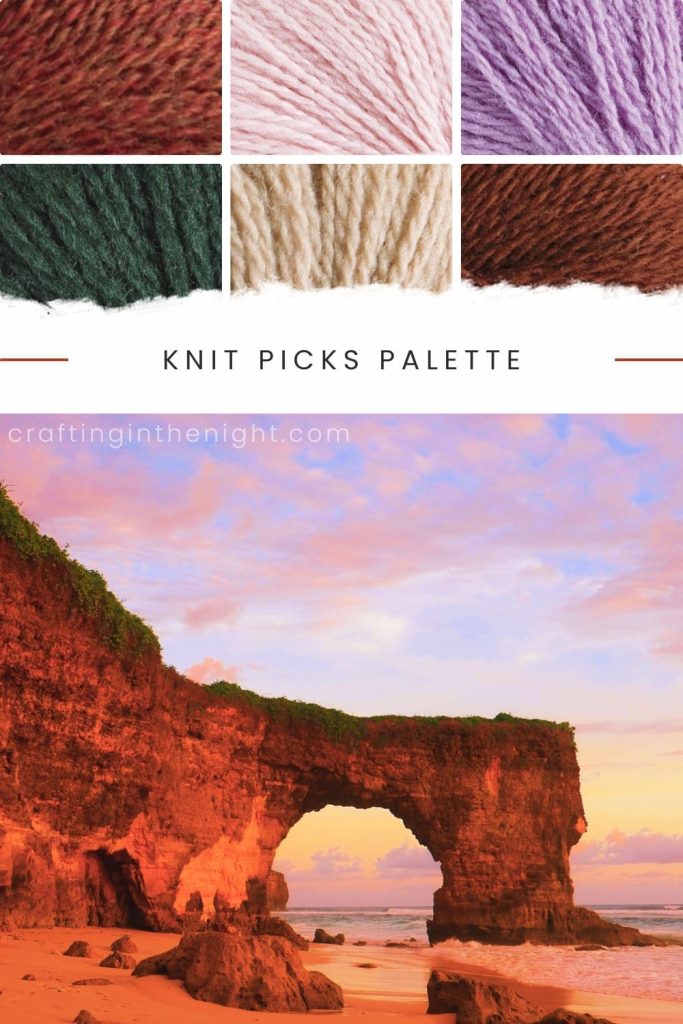 Soft Combos yarn color palette for crochet or knit includes Light Brown, Light Pink, Light Purple, Dark Green, Cream, and Brown in Knit Picks Palette