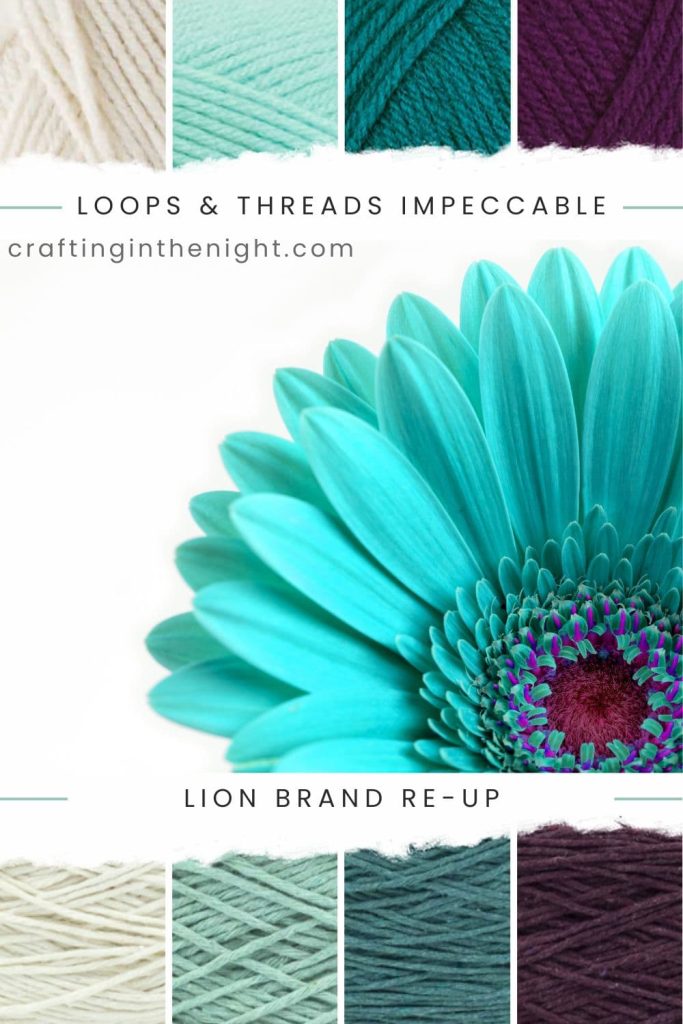 Turquoise yarn color palette. Soothing Nature include colors golden beige, skylight, teal, amethyst from Loops & Threads Impeccable and Lion Brand Re-Up Bonus Bundle