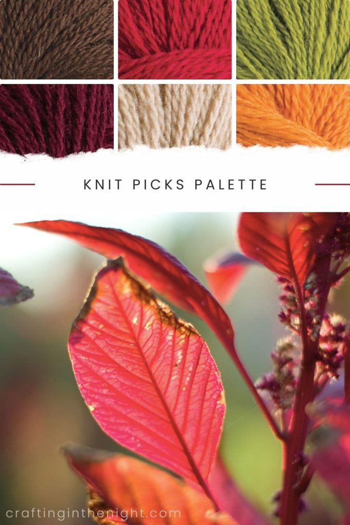 Maroon Yarn Color Palette for Crochet & Knits. Under The Brilliant Range includes colors Bark, Pimento, Tarragon, Currant, Almond, Sweet Potato in Knit Picks Palette