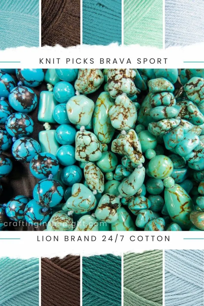 Turquoise yarn color palette. The Deep Sea include colors cornflower, umber heather, marina, mint, clarity from Knit Picks Brava Sport and Lion Brand 24/7 Cotton
