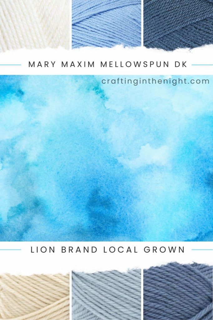 The Power of Blue Yarn Color Palette for crochet or knit, includes colors Cream, Cornflower, Mariner Blue, Vanilla Bean, Bluegrass, and Blue Jeans in Mary Maxim Mellowspun DK and Lion Brand Local Grown