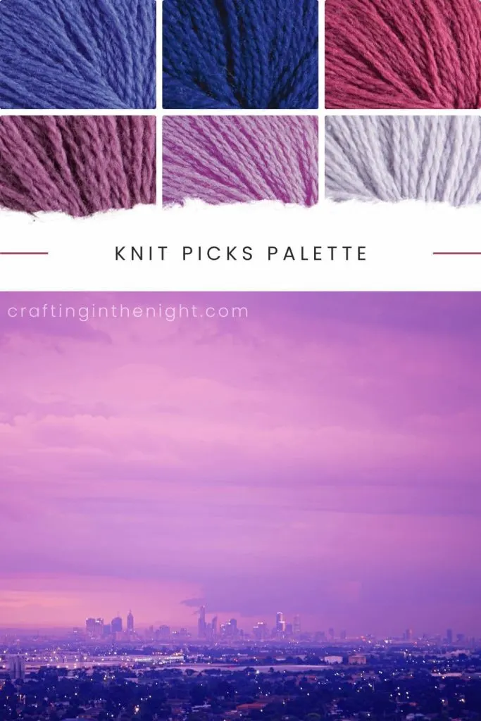 Mauve Color Palette for crochet or knit. Includes color chicory, jay, mauve, lantana, lady slipper, pennyroyal  in Knit Picks Palette