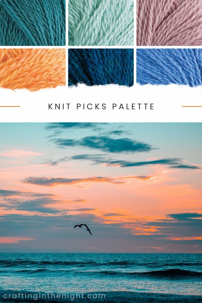Teal Yarn Color Palette for crochet or knit. Under Timeless Charm includes colors Seafaring, Sagebrush, Ice Lily, Golden Heather, Marine Heather, and Pool in Knit Picks Palette