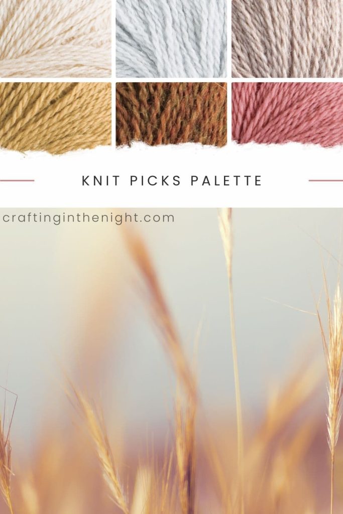 Beige yarn color palette for crochet & knits. Understated Elegance includes colors oyster heather, mist, hare heather, suede, brindle heather, tea rose from Knit Picks Palette