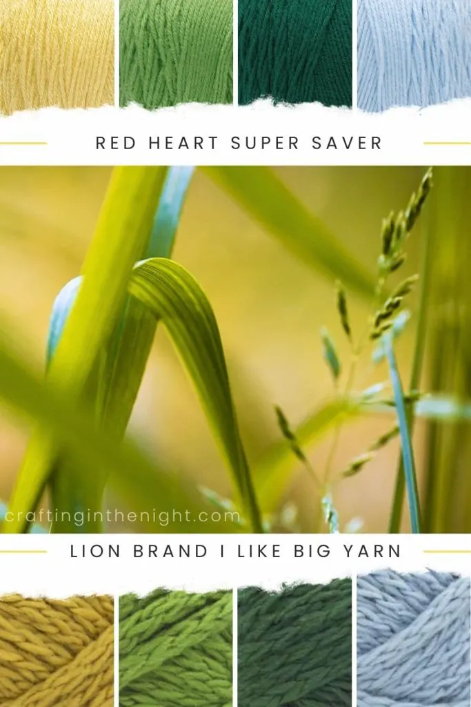 Understated Refinement Yarn Color Palette for crochet or knit, includes colors Lemon, Spring Green, Paddy Green, Light Blue, Beeswax, Dill, Fir, and Riviera in Red Heart Super Saver Jumbo and Lion Brand I Like Big Yarn