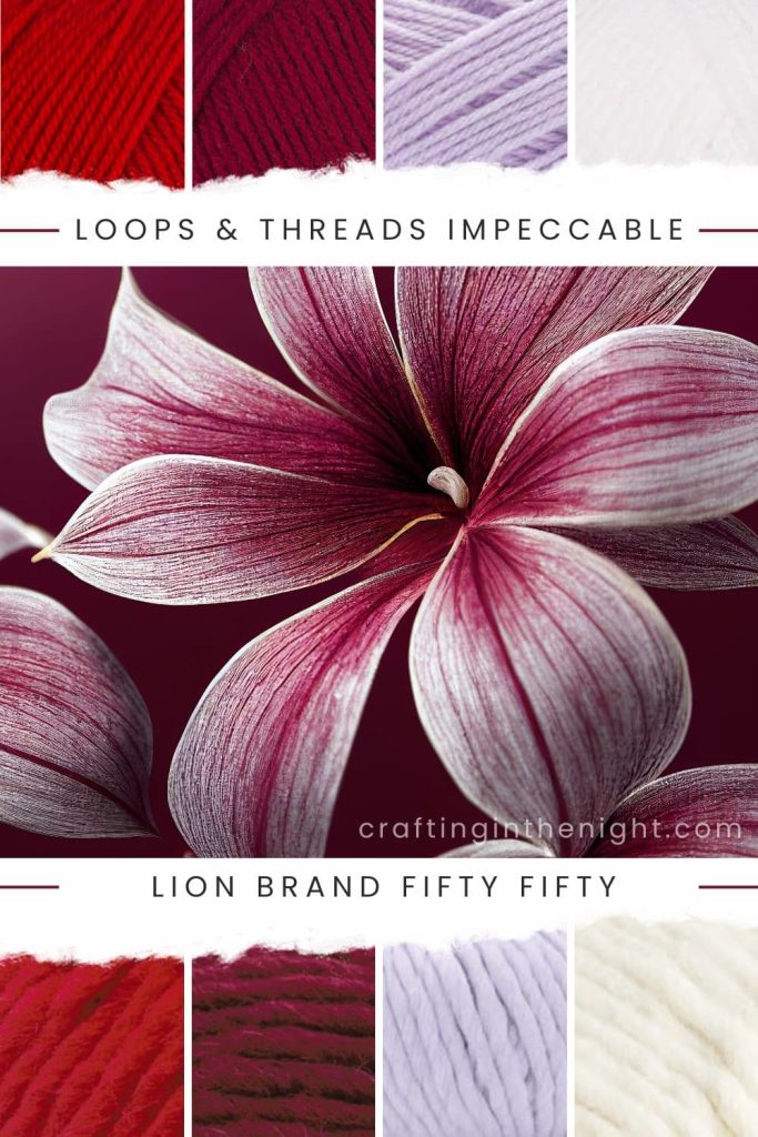 Maroon Yarn Color Palette for Crochet & Knits. Under Velvety Crimson includes colors Red Hot, Burgundy, Orchid Bloom, White in Loops & Threads Impeccable and Lion Brand Fifty Fifty LB Collection
