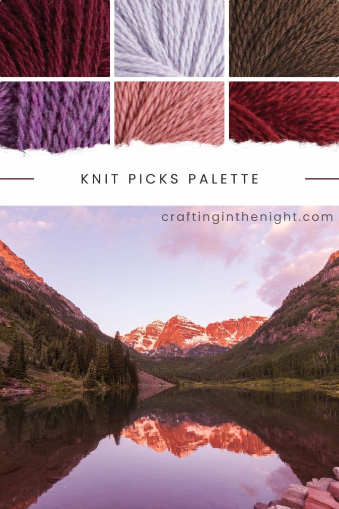 Maroon Yarn Color Palette for Crochet & Knits. Under Warmth with You includes colors Currant, Pennyroyal, Bark, Huckleberry Heather, Tea Rose, Garnet Heather in Knit Picks Palette