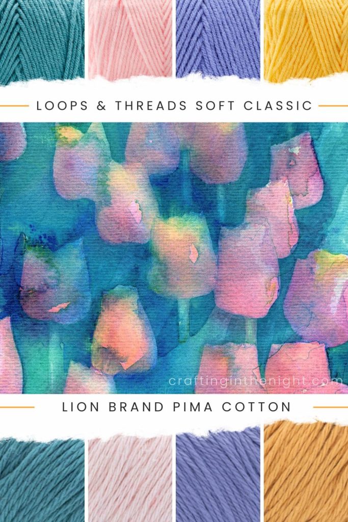Turquoise yarn color palette. Whimsical Pastels include colors arctic, light pink, periwinkle, butter from Loops & Threads Soft Classic and Lion Brand Pima Cotton
