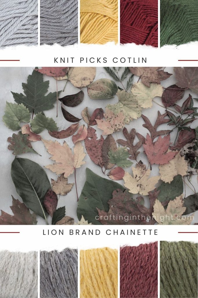 Muted Yarn Color Palette for Crochet & Knits. Under Elegant Foundation includes colors Silver, Carrara, Creme Brulee, Pomegranate, Ivy from Knit Picks Cotlin and Lion Brand Chainette LB Collection