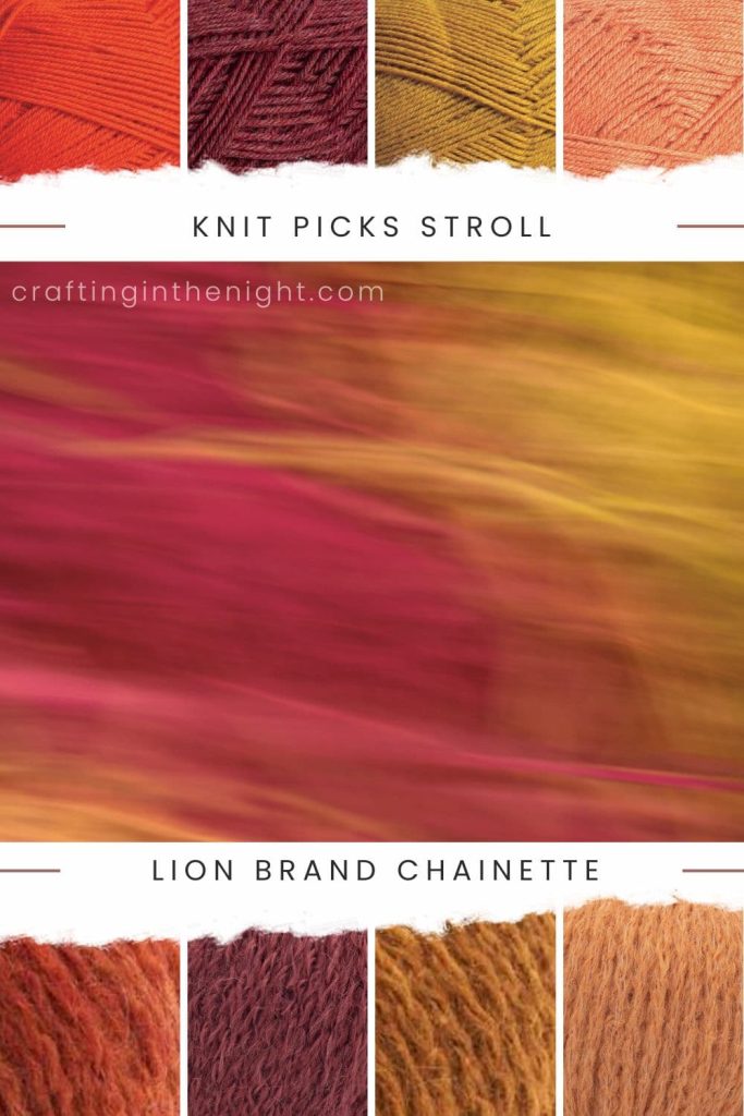 Maroon Yarn Color Palette for Crochet & Knits. Under Eye-Catching Combo includes colors Buoy, Cranberry Heather, Treasure, Pumpkin inKnit Picks Stroll and Lion Brand Chainette LB Collection