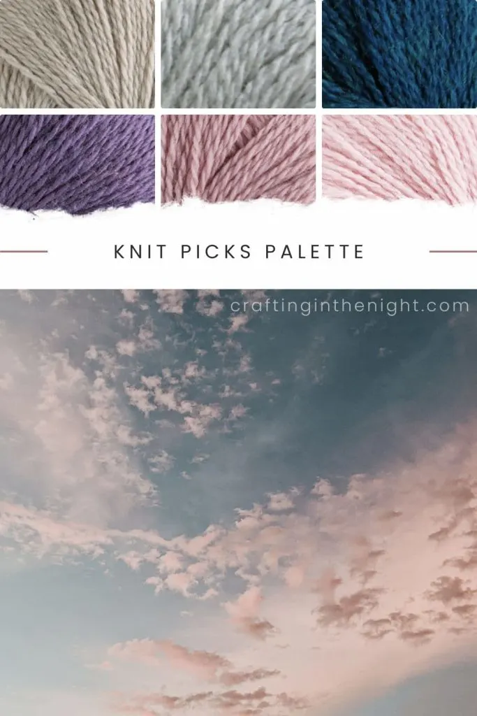 Muted Yarn Color Palette for Crochet & Knits. Under Harmonious Fusion includes colors Gosling, Silver, Marine Heather, Urchin, Ice Lily, Blush from Knit Picks Palette