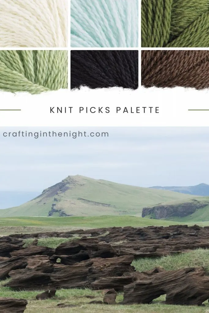 Muted Yarn Color Palette for Crochet & Knits. Under Refined Aesthetic includes colors Cream, Clarity, Clover, Celadon Heather, Black, Grizzly Heather from Knit Picks Palette