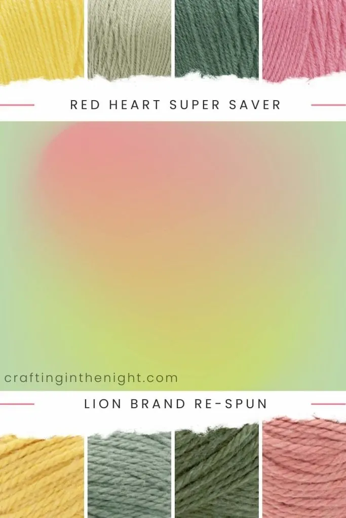 Beautiful Contrast Yarn Color Palette for crochet or knit, includes colors Bright Yellow, Frosty Green, Light Sage, Perfect Pink, Sunshine, Spruce, Evergreen, and Desert Sand in Red Heart Super Saver and Lion Brand Re-Spun Thick & Quick