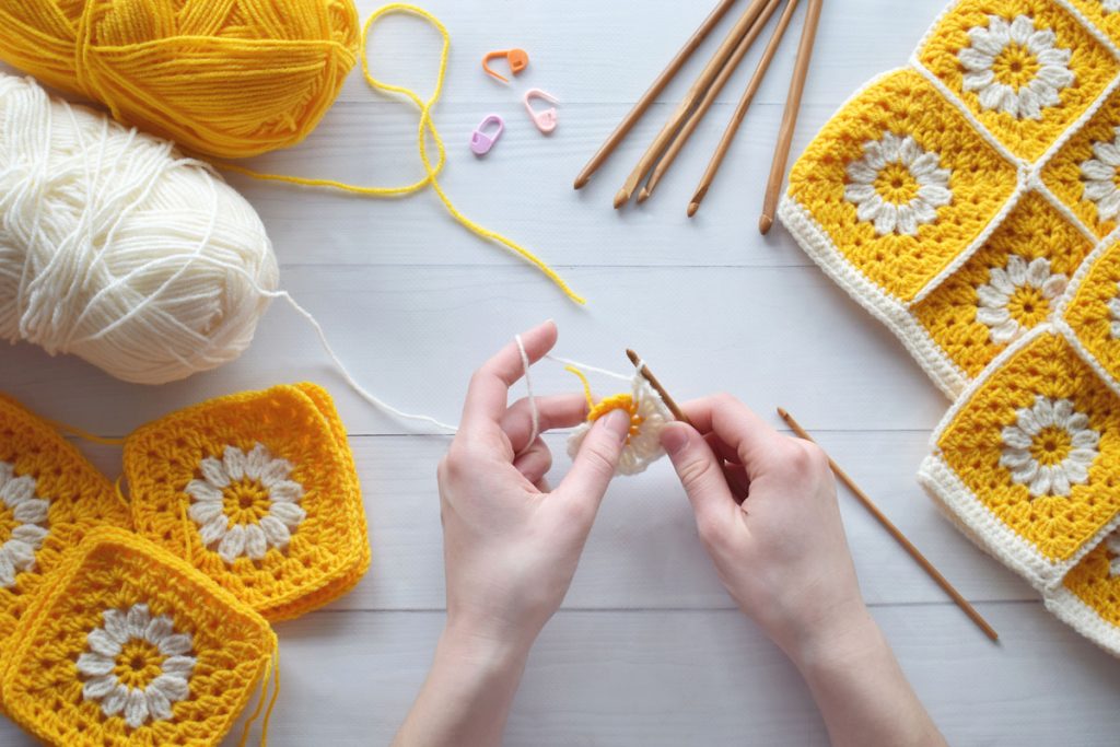 Crochet handmade granny square pattern, crocheting supplies