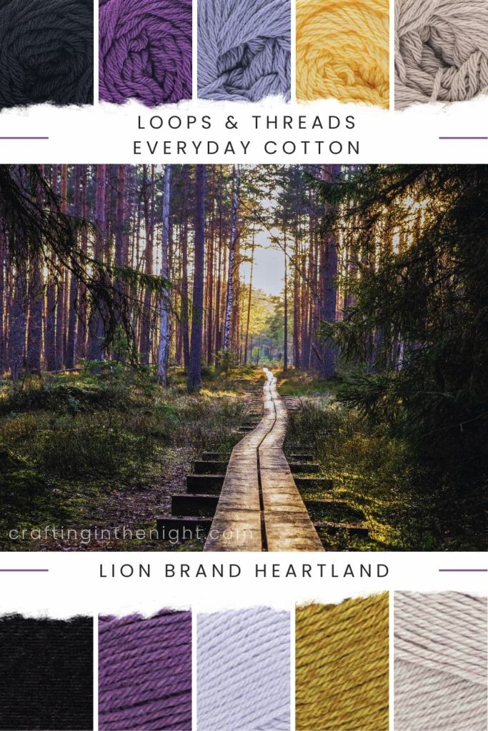 Essence of the Forest Yarn Color Palette for crochet or knit, includes colors Black Licorice, Grape, Iris, Pale Yellow, Jute, Black Canyon, Kobuk Valley, North Cascades, Canyonlands, and Wolf Trap in Loops & Threads Everyday Cotton and Lion Brand Heartland