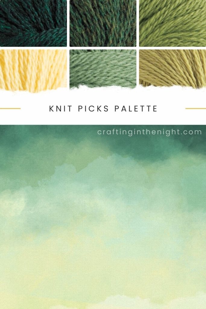 Inviting Ambiance Yarn Color Palette for crochet or knit, includes colors Aurora Heather, Forest Heather, Edamame, Custard, Spearmint, and Lichen in Knit Picks Palette