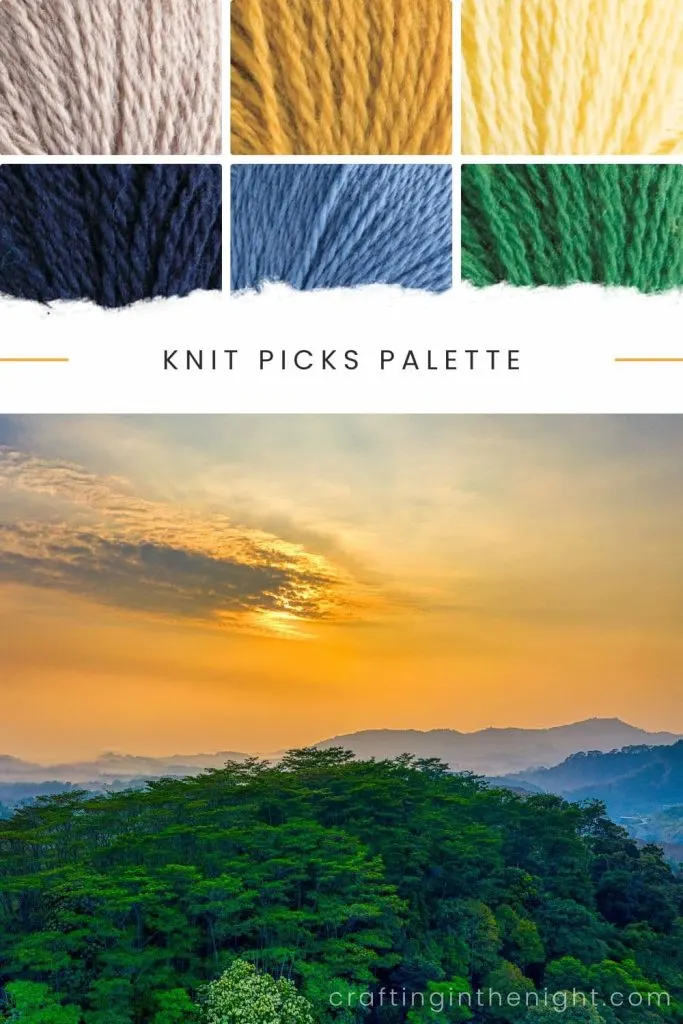 Richness of the Earth Yarn Color Palette for crochet or knit, includes colors Hare Heather, Turmeric, Custard, Navy, Ciel, and Grass in Knit Picks Palette