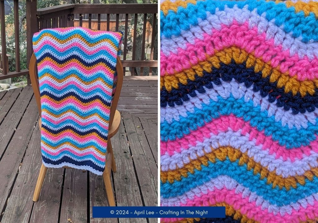 side by side images of the rainbow waves crochet afghan including one with the blanket draped over a chair and one closeup of the crochet stitches.