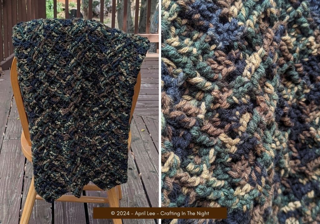 two images side by side, left side showing camouflage ripple blanket draped over a chair, right image shows closeup of textured crochet pattern.
