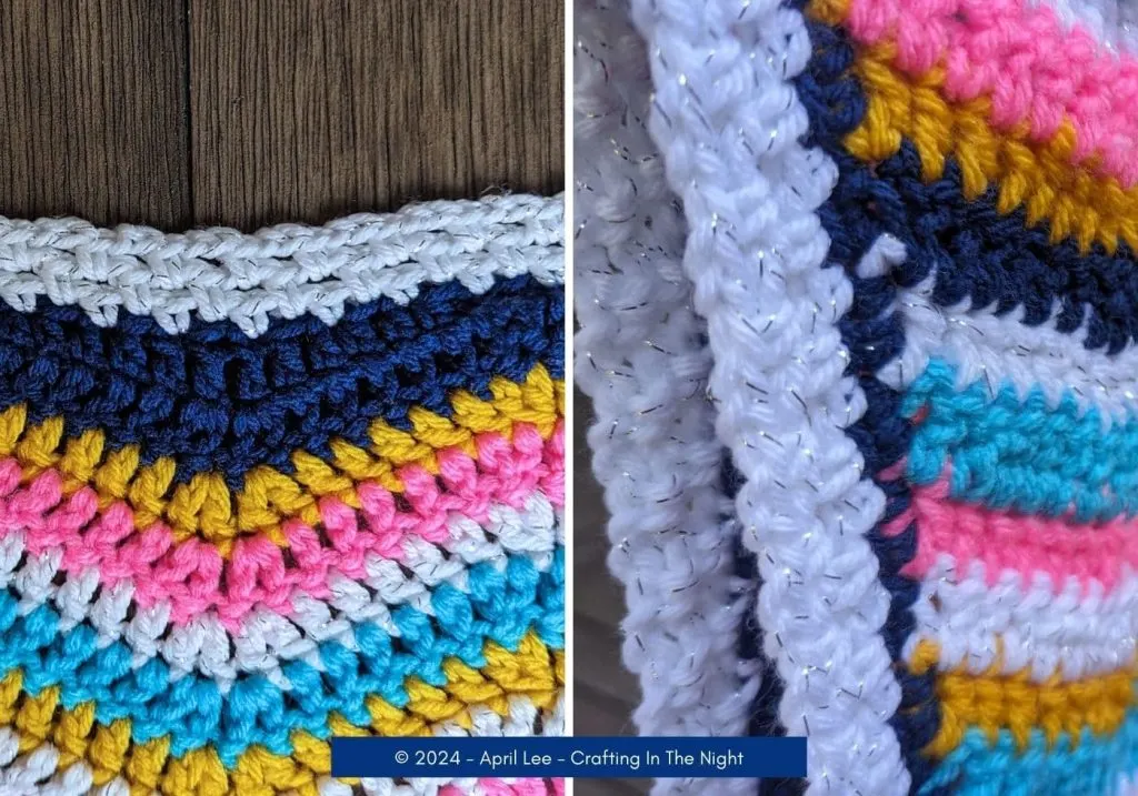 Two side by side images showing closeup views of a simple crochet edging that has been added to a crocheted blanket