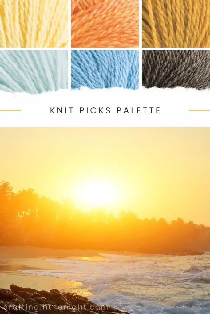 Beautiful Paradise Yarn Color Palette for crochet or knit, includes colors Custard, Golden Heather, Turmeric, Clarity, Sky, and Pumice Heather in Knit Picks Palette