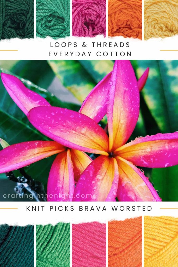 Burst with Life Yarn Color Palette for crochet or knit, includes colors Pine, Bright Jade, Fuchsia, Bright Orange, Banana, Hunter, Grass, Rouge, and Canary in Loops & Threads Everyday Cotton and Knit Picks Brava Worsted