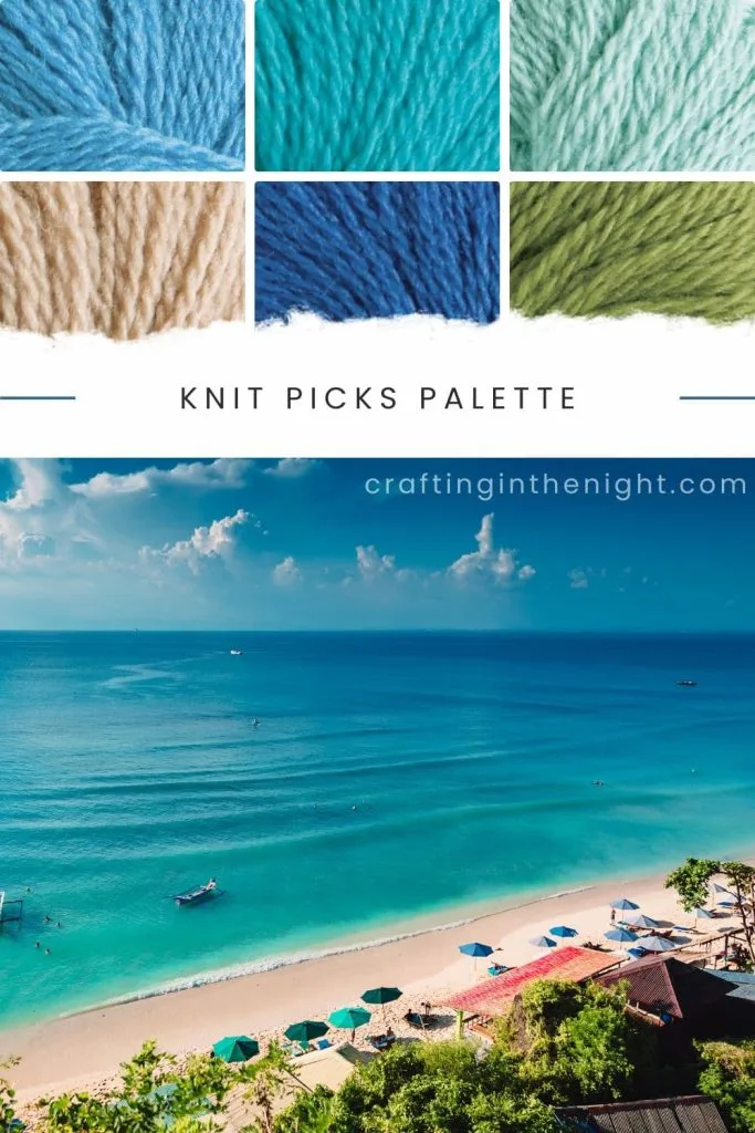 Exciting Getaway Yarn Color Palette for crochet or knit, includes colors Whirlpool, Caribbean, Sagebrush, Almond, Blue, and Edamame in Knit Picks Palette