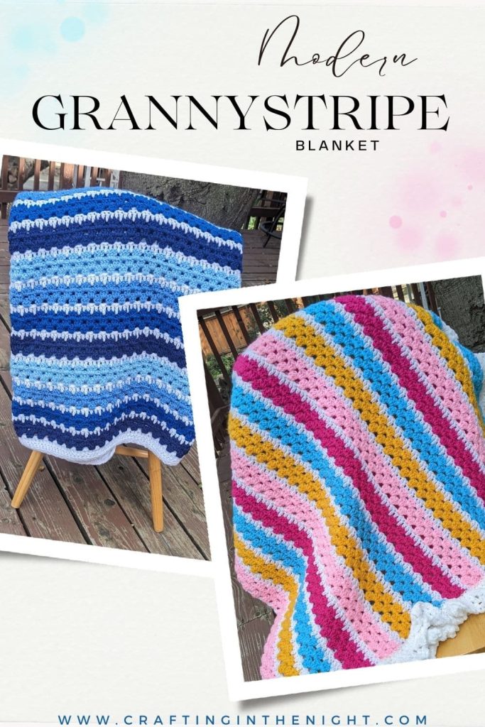 Pinterest image showing stripe blue blanket and stripe pink blanket with the text Modern Granny Stripe Blanket both draped over a chair with the url www.craftinginthenight.com