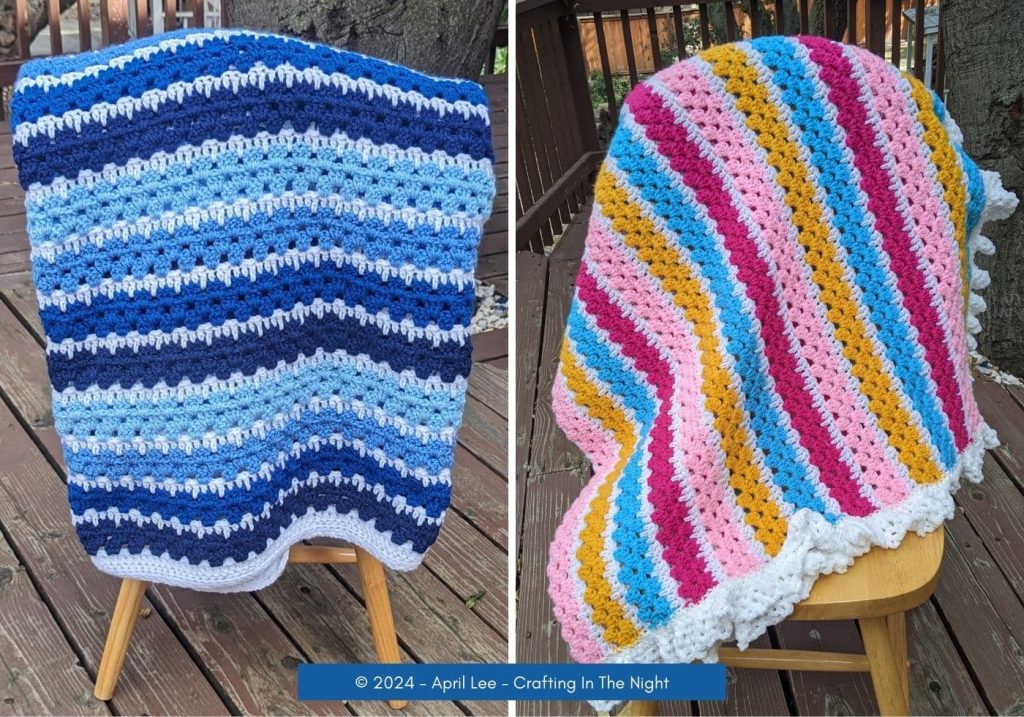 Side by Side images of blue and pink moden granny stripe blanket both draped over a chair 