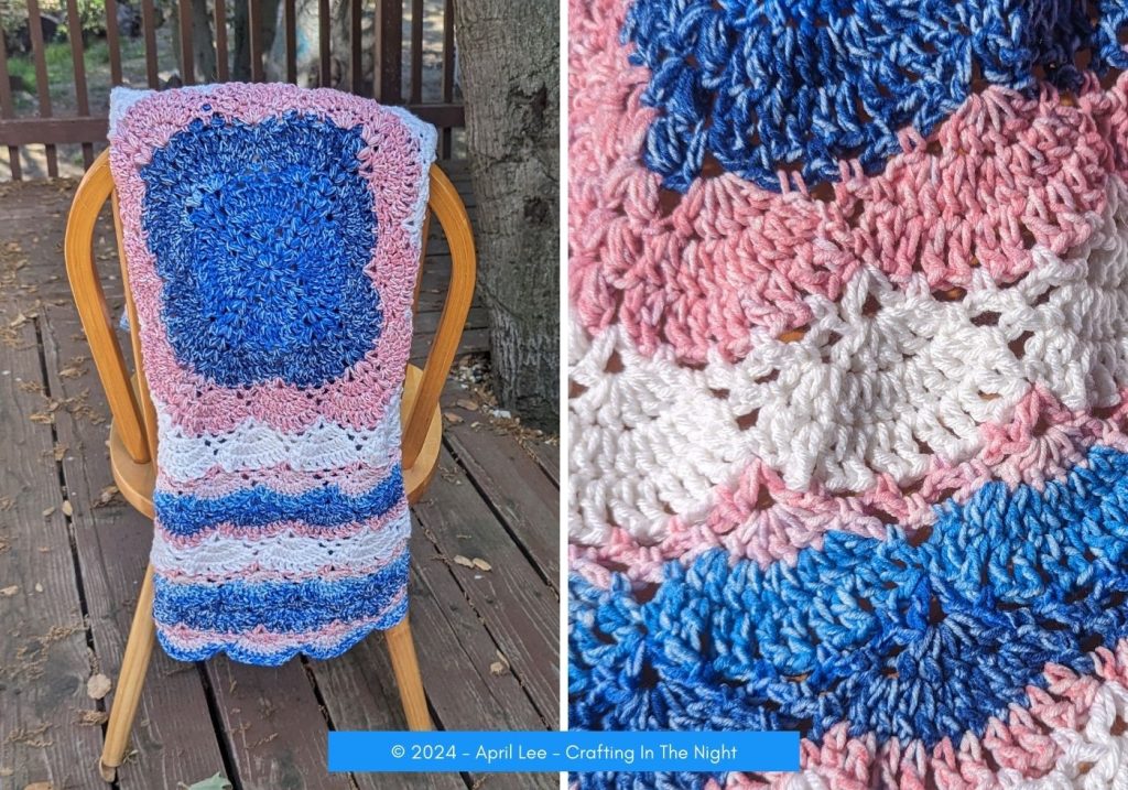 Side by Side images of blue with pink Flora Blossom Crochet Blanket draped over a chair and a close up shot 