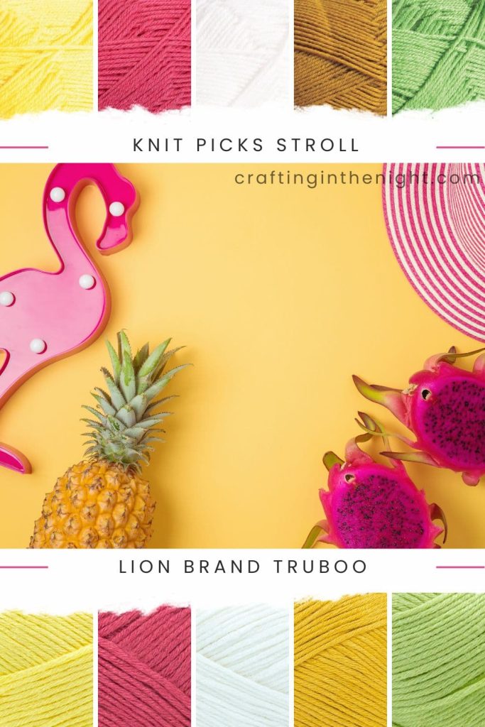 Tropical Flair Yarn Color Palette for crochet or knit, includes colors Dandelion, Candy Pink, Treasure, White, Peapod, Yellow, Rose, Goldenrod, and Celery in Knit Picks Stroll and Lion Brand Truboo