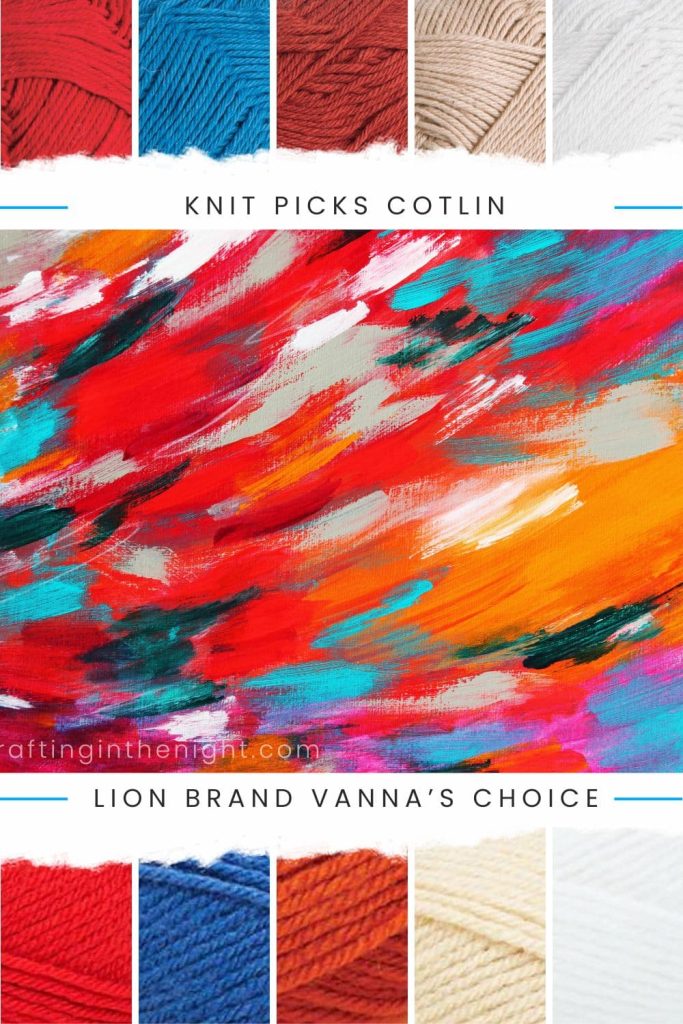Gender Neutral Yarn Color Palette for crochet & knits under Daring Statement include colors Moroccan Red, Indigo Bunting, Lava Falls, Linen, Snow White from Knit Picks Cotlin and Lion Brand Vanna's Choice.