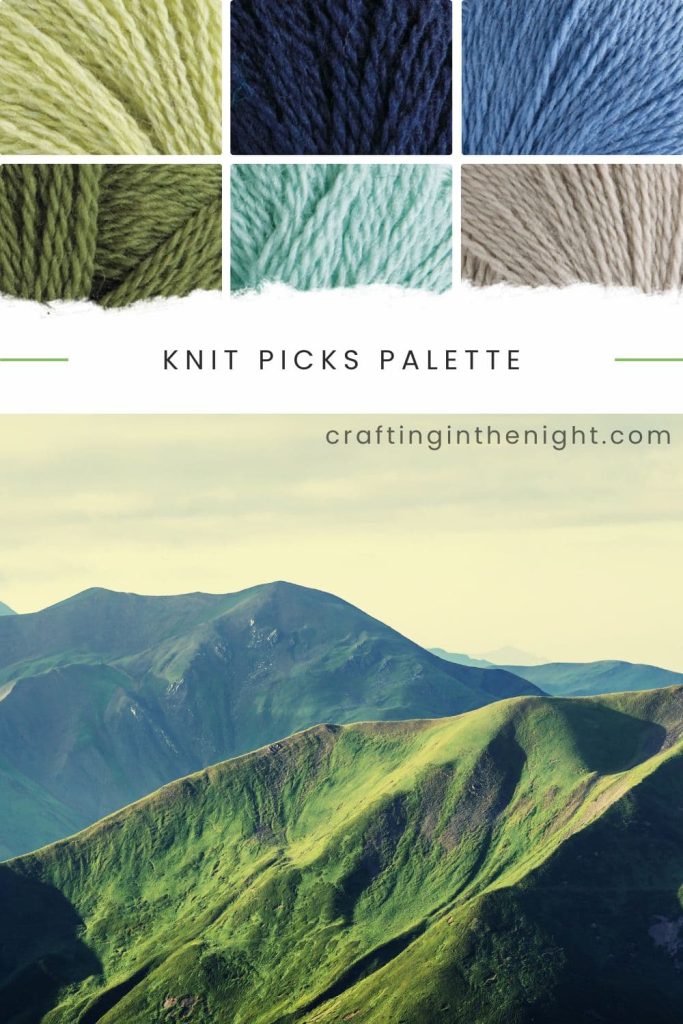 Gender Neutral Yarn Color Palette for crochet & knits under Essence of Green include colors Green Tea Heather, Navy, Ciel, Clover, Sagebrush, Gosling from Knit Picks Palette.