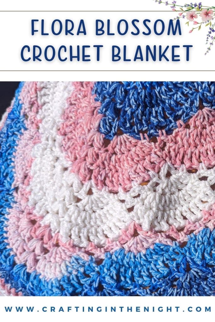 Pinterest Pin - Flora Blossom Crochet Blanket with colors blue, pink and white