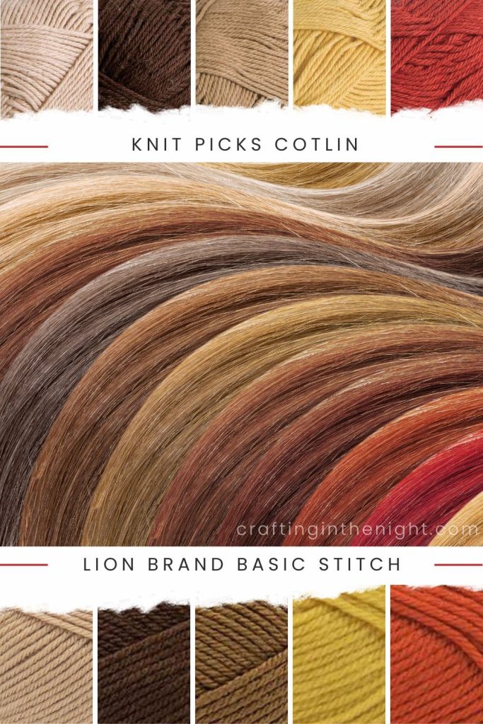 Gender Neutral Yarn Color Palette for crochet & knits under Timeless Brown include colors Linen, Coffee, Cashew, Creme Brulee, Lava Falls from Knit Picks Cotlin and Lion Brand Basic Stitch Anti-Pilling.
