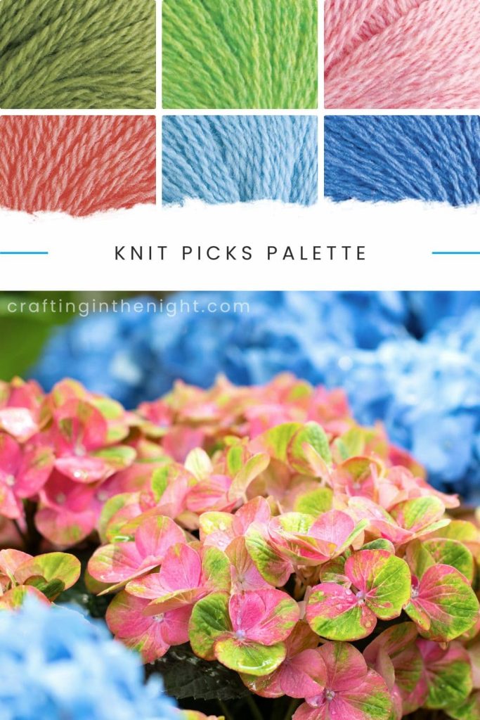 Coral Yarn Color Palette for Crochet & Knits. Under Warm Vibrance color palette include colors edamame, limeade heather, blossom heather, conch, sky, pool from Knit Picks Palette