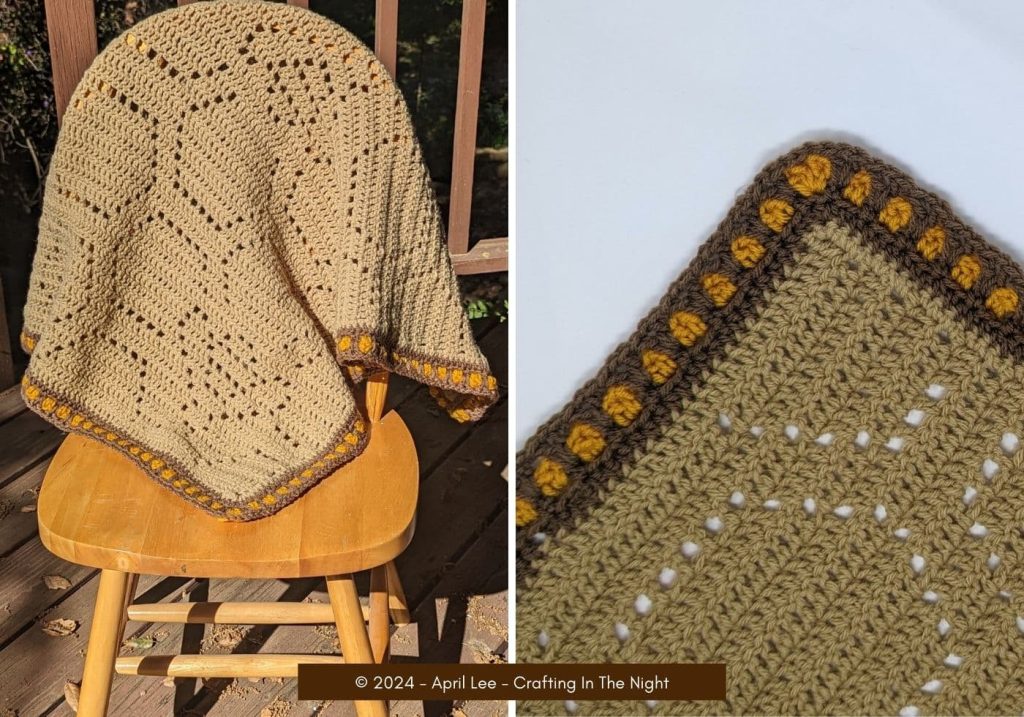 two image showing the moroccan tile stitch border in the colors gold and brown. Left image is a overall picture of a blanket using the border, right image is a closeup of the border itself