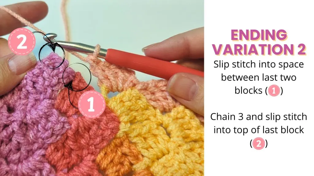 image showing the space between two corner to corner panels. Two places are labeled . #1 is a circle and an arrow indicate where the crocheter should place a slip stitch. #2 is a circle and an arrow indicating where the next slip stitch should be placed after the chain 3