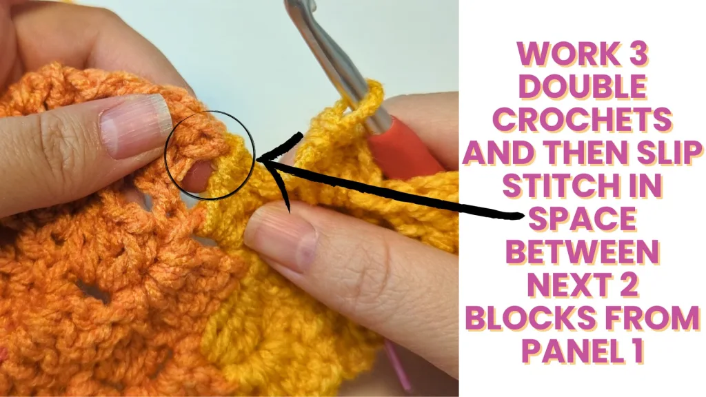 image showing the space between two corner to corner panels. A circle and an arrow indicate where the crocheter should place a slip stitch.