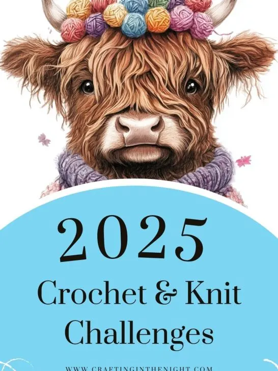 pinterest image showing an illustration of a highland cow with a crown of yarn balls and the text 2025 crochet and knit challenges