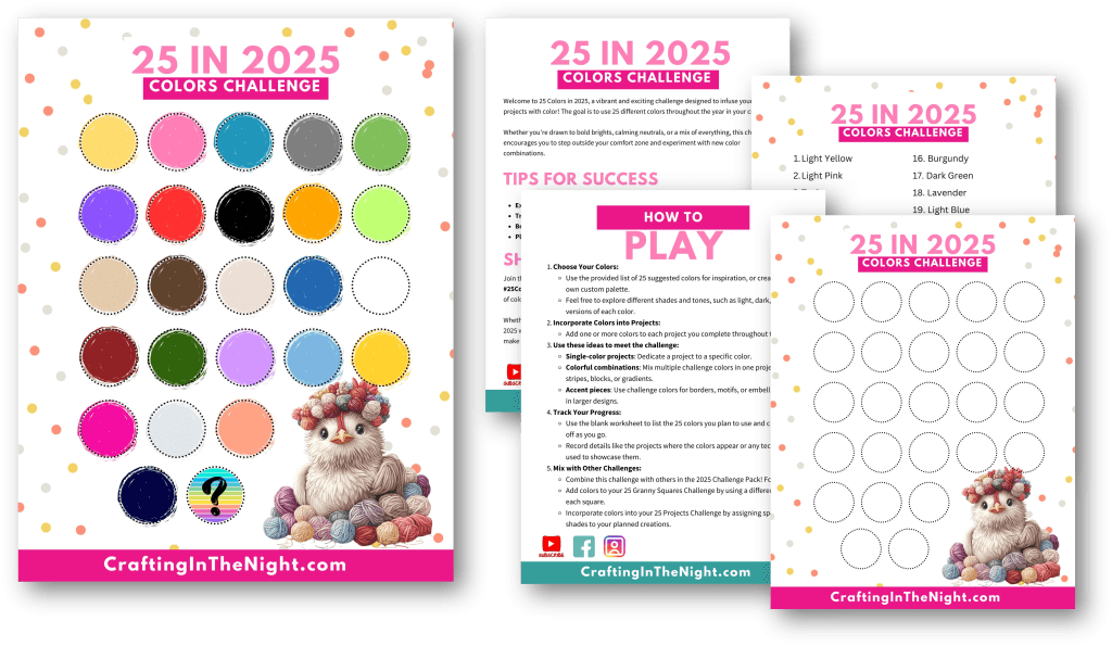 Images of the pages in the 25 in 2025 colors challenge including the challenge info, how to play, colors list, and check off sheets.