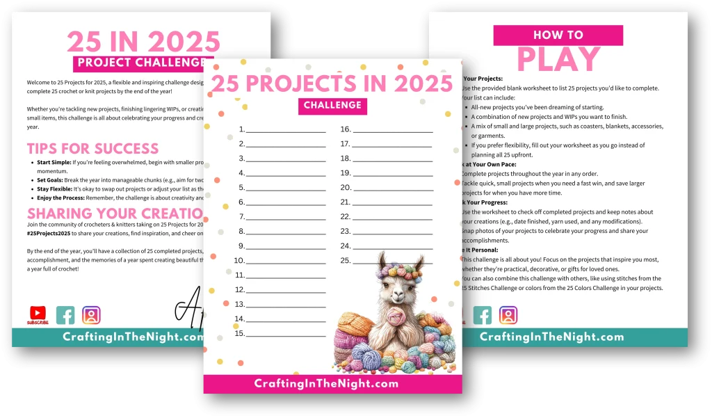 Images of the sheets provided for the 25 in 2025 project challenge including the challenge information, how to play instructions, and list for the projects.