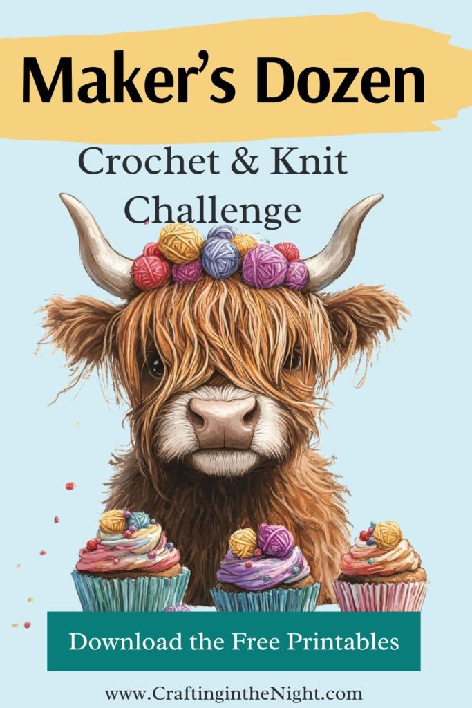 Pinterest image with the words "Maker's Dozen Crochet & Knit Challenge" at the top. An illustration of a cute highland cow appears behind three cupcakes adorned with yarn decorations. The text "Download the free printables" appears on the image below the cupcakes.