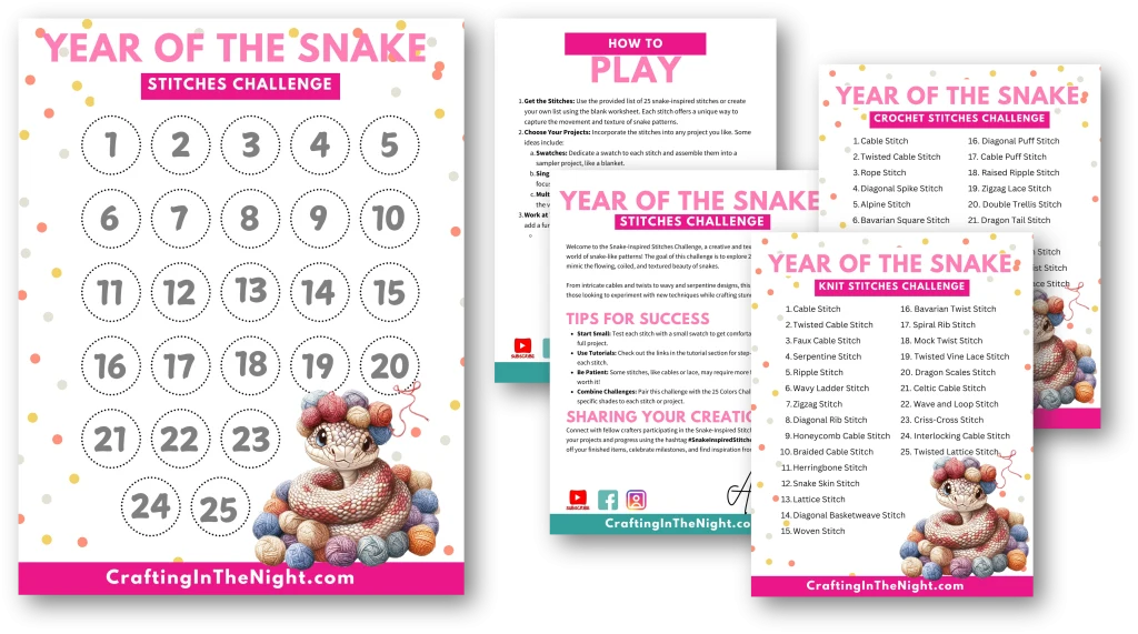 Image of pages for the Year of the Snake Stitches Challenge including the progress tracker, how to play instructions, challenge information, and list of possible stitches.