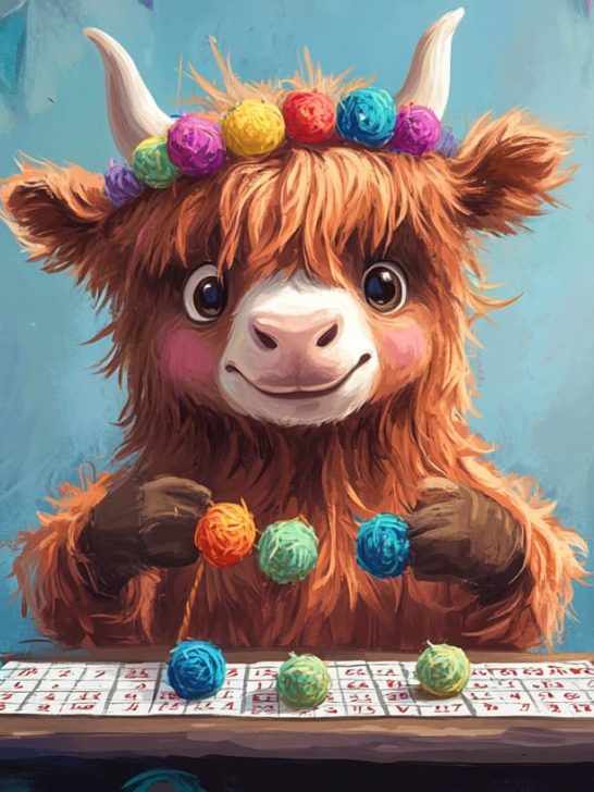 an illustration of a highland cow, sheep and llama sitting at a table playing crochet bingo