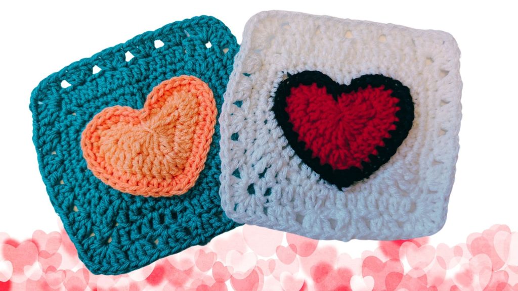 two crochet heart granny squares arranged on a decorative heart background