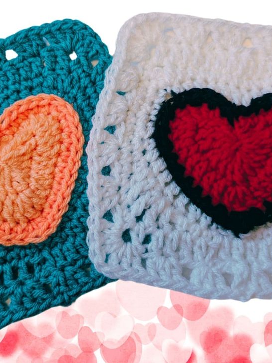 two crochet heart granny squares arranged on a decorative heart background