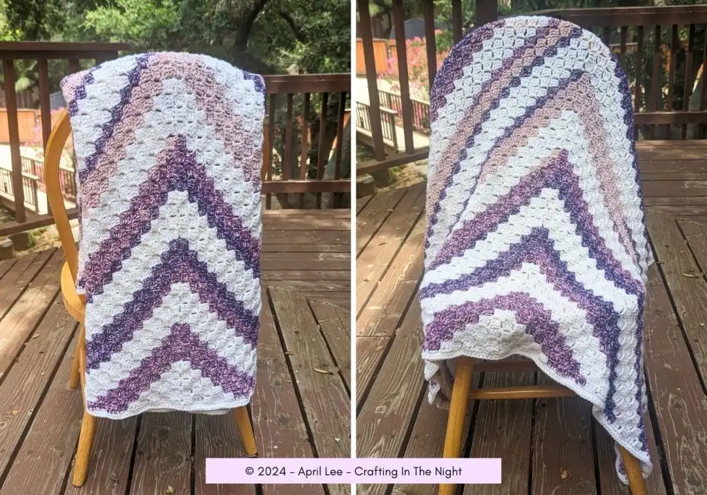 2 side by side photos of the indigo breezes c2c chevron showcasing the chevron pattern in the center of the blanket.