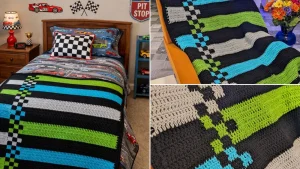 Various images of the boys' speedy stripes crochet blanket