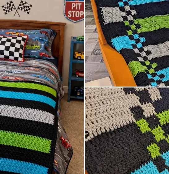 Various images of the boys' speedy stripes crochet blanket